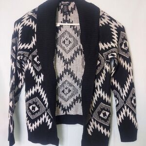 Wrangler Retro Aztec Southwestern Black White Geometric Open Front Cardigan M